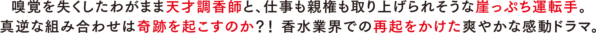 嗅覚を失くしたわがまま天才調香師と、仕事も親権も取り上げられそうな崖っぷち運転手。真逆な組み合わせは奇跡を起こすのか？！香水業界での再起をかけた爽やかな感動ドラマ。