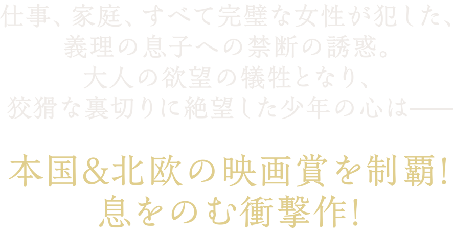 仕事、家庭、すべて完璧な女性が犯した、義理の息子への禁断の誘惑。大人の欲望の犠牲となり、狡猾な裏切りに絶望した少年の心は―本国＆北欧の映画賞を制覇！息をのむ衝撃作！